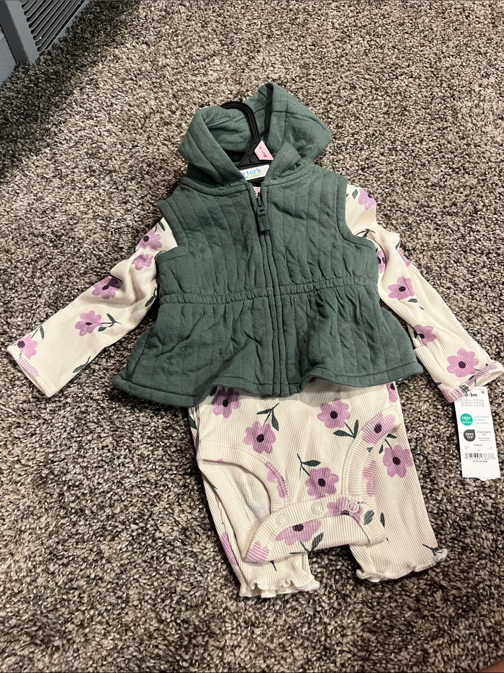 Carter's Green Quilted Hooded Vest with Cream Floral Romper Set